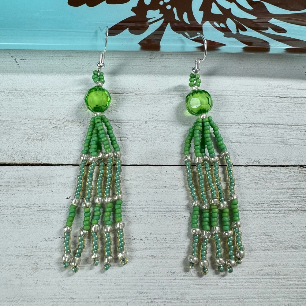 Handmade Green Silver Seed‎ Beaded Tassel Earrings 3.25” Long Elegant Earrings